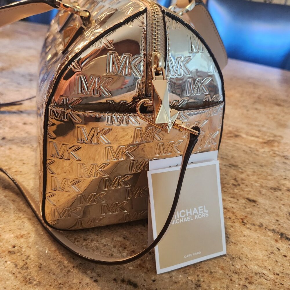 Michael Kors Gold Embossed MK Gold Metallic-Finish Grayson Satchel - Picture 7 of 16